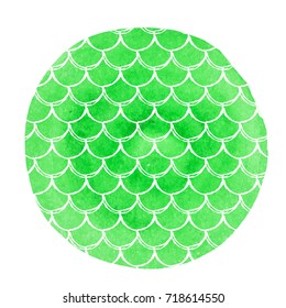 Fish scale on watercolor background. Bright colors. Mermaid tail banner and invitation. Hand drawn round backdrop with fish scale ornament. Girl underwater and sea pattern. Green vector.