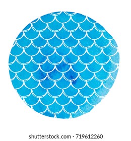 Fish scale on watercolor background. Bright colors. Mermaid tail banner and invitation. Hand drawn round backdrop with fish scale ornament. Girl underwater and sea pattern. Blue vector.