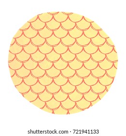 Fish scale on watercolor background. Bright colors. Mermaid tail banner and invitation. Hand drawn round backdrop with fish scale ornament. Girl underwater and sea pattern. Yellow vector.