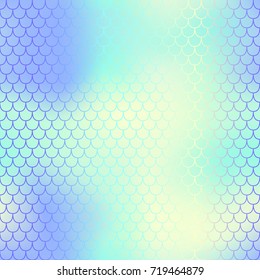 Fish scale pattern with cool color mesh background. Mermaid vector seamless pattern. Aquatic surface design. Smooth color mesh tile. Marine animal skin ornament. Aquatic pattern. Magic mermaid tail