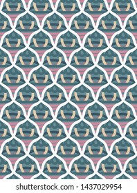 Fish scale seamless pattern. Ceramic tableware, folk print. Talavera template in pastel pink, emerald colors. Azulejos portugal. Turkish ornament. Morocco tile mosaic. Vector illustration.