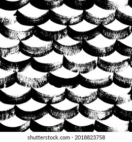 Fish scale vector seamless pattern. Black wavy wallpaper. Mermaid, dragon, snake, scallop scales. Hand drawn abstract background. Seamless surface pattern design with semicircles. Ink illustration.