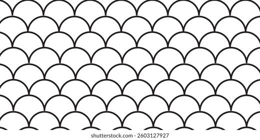 Fish scale wallpaper. Asian traditional ornament with repeated scallops. Repeated black curves on white background. Seamless surface pattern design with semicircles. Grid motif. Digital paper. Vector.