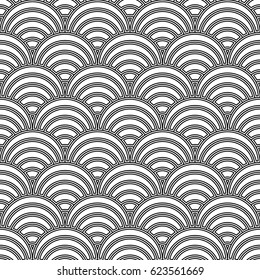 Fish scale wallpaper. Asian traditional ornament with repeated scallops. Repeated black curves on white background. Seamless surface pattern design with semicircles. Grid motif. Digital paper. Vector.