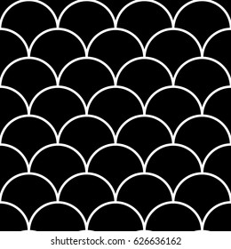 Fish scale wallpaper. Asian traditional ornament with repeated scallops. Repeated white curves on black background. Seamless surface pattern design with semicircles. Grid motif. Digital paper. Vector.