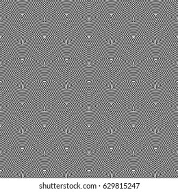 Fish scale wallpaper. Asian traditional ornament with repeated scallops. Repeated black figures on hatched background. Seamless surface pattern design with semicircles. Grid motif. Digital paper.