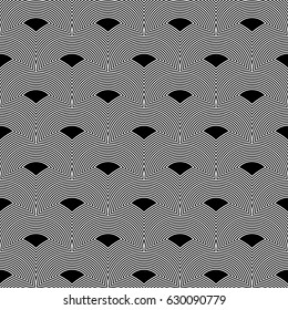 Fish scale wallpaper. Asian traditional ornament with repeated scallops. Repeated black figures on hatched background. Seamless surface pattern design with semicircles. Grid motif. Digital paper.