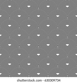 Fish scale wallpaper. Asian traditional ornament with repeated scallops. Repeated black figures on hatched background. Seamless surface pattern design with semicircles. Grid motif. Digital paper.