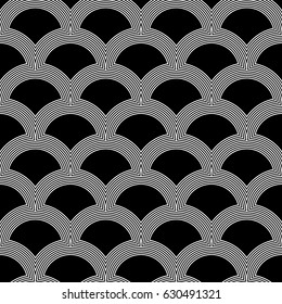 Fish scale wallpaper. Asian traditional ornament with repeated scallops. Repeated black figures on hatched background. Seamless surface pattern design with semicircles. Grid motif. Digital paper.