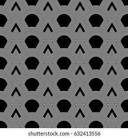 Fish scale wallpaper. Asian traditional ornament with repeated scallops. Repeated black triangular and circular shapes on white background. Seamless surface pattern design with curves and lines.