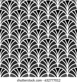 Fish scale wallpaper. Asian traditional ornament with repeated scallops. Repeated color curves on white background. Seamless surface pattern design with semicircles. Mosaic motif. Digital paper.