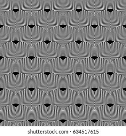 Fish scale wallpaper. Asian traditional ornament with repeated scallops. Repeated black figures on hatched background. Seamless surface pattern design with semicircles. Grid motif. Digital paper.