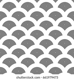 Fish scale wallpaper. Asian traditional ethnic ornament with repeated scallops. Repeated black figures on white background. Seamless surface pattern design with scales. Squama motif. Digital paper.