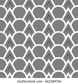 Fish scale wallpaper. Asian traditional ornament with repeated scallops. Repeated black triangular and circular shapes on white background. Seamless surface pattern design with scales. Squama motif.