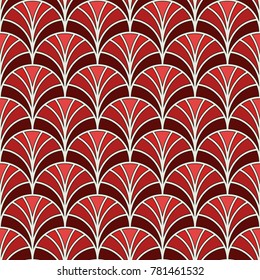 Fish scale wallpaper. Asian traditional ornament with repeated scallops. Hand fan motif. Seamless surface pattern with palm leaf. Oriental digital paper, textile print, page fill. Vector art