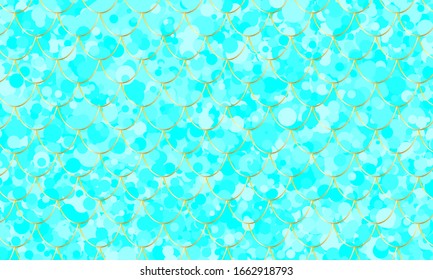 Fish scale. Watercolor blue kawaii pattern. Mermaid squama. Color vector illustration.