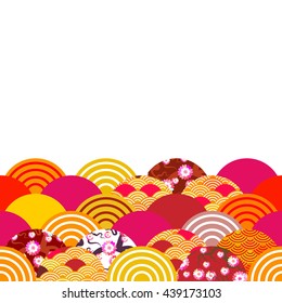 fish scales simple Nature background with japanese sakura flower, rosy pink Cherry, wave circle pattern blue orange red burgundy colors card banner design on white background. Vector