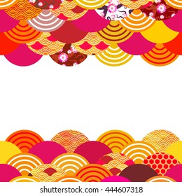 fish scales simple Nature background with japanese sakura flower, rosy pink Cherry, wave circle pattern orange red burgundy colors card banner design on white background. Vector illustration