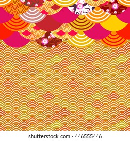 fish scales simple Nature background with japanese sakura flower, rosy pink Cherry, wave circle pattern yellow orange red burgundy colors card banner design on orange background. Vector