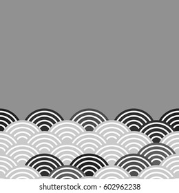 fish scales simple Nature background with japanese sakura flower, white Black, wave circle pattern card banner design on grey background. Vector illustration