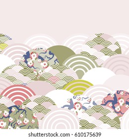 fish scales simple Nature background with japanese sakura flower, rosy pink Cherry, wave circle pattern red olive Green pink beige colors card banner design on pink background. Vector illustration