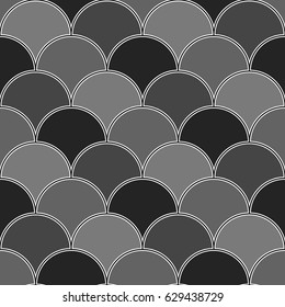 Fish scales wallpaper. Asian traditional ornament with repeated scallops. Repeated overlapping color circles background. Seamless surface pattern design with semicircles. Circular motif. Digital paper