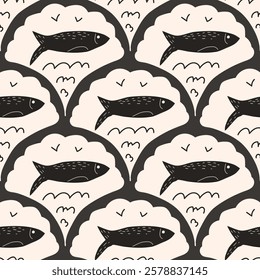 Fish scallop seamless pattern. Sardine stamp allover background. Anchovy repeat cover. Scandinavian stamp continuous ornament. Surface pattern design sea motif. Vector hand drawn illustration.