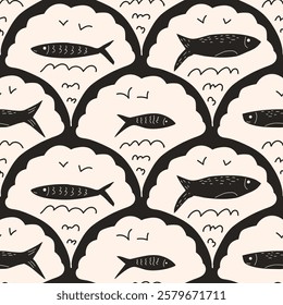 Fish scallop seamless pattern. Sardine stamp allover background. Anchovy repeat cover. Scandinavian stamp continuous ornament. Surface pattern design sea motif. Vector hand drawn illustration.