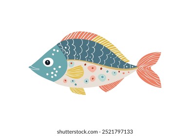 Fish. Scandinavian child style. Navy blue, yellow, orange color. Vector illustration isolated on white background.