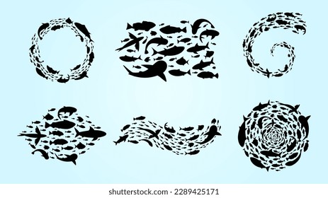 Fish school black silhouettes. Circle shoal pattern. Round flow. Marine animals group swim in ocean. Logo or frame underwater design. Undersea elements set. Vector recent background