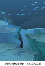 Fish school at the bottom of the ocean. Underwater wild life. Deep sea landscape. Rocky cliffs. Natural landscape. Illustration in cartoon style flat design. Vector