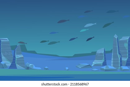 Fish school at the bottom of the ocean. Underwater wild life. Deep sea landscape. Rocky cliffs. Natural landscape. Illustration in cartoon style flat design. Vector.