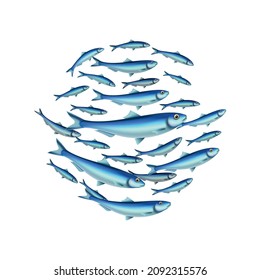 Fish school colony realistic composition with isolated images of fishes in shoal on transparent background vector illustration