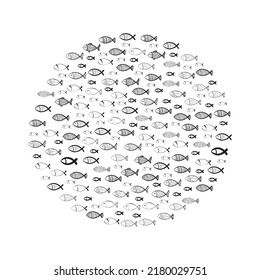 Fish school. Hand drawn fishes flock, round sketched fish group, doodle drawing shoal, fishing vector illustration