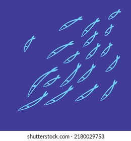 Fish school. Hand drawn fishes flock, sketched fish group, doodle drawing shoal, fishing vector illustration