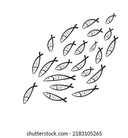Fish school. Hand drawn fishes flock, sketched fish group, doodle drawing shoal, fishing vector illustration