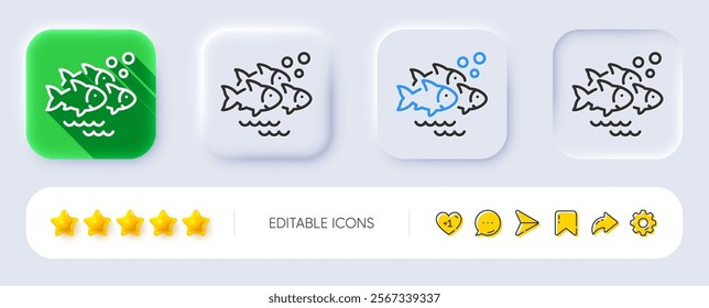 Fish school line icon. Neumorphic, Flat shadow, 3d buttons. Shoal of gill-bearing animals sign. Flock of salmon symbol. Line fish school icon. Social media icons. Vector