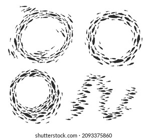 Fish school or shoal, vector silhouette of sea fishes group in ocean or marine water. Fish school of tuna swimming in deep ocean in round or wave, herring or salmon fishes shoal frames