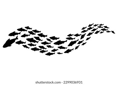 Fish school or shoal, vector silhouette. Shoal of fishes isolated on white. Sea fishes group in ocean or marine water. Illustration of colony small fish