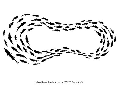Fish school or shoal, vector silhouette. Shoal of fishes isolated on white. Sea fishes group in ocean or marine water. Illustration of colony small fish