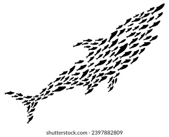 Fish school or shoal, vector silhouette. Shoal of fishes isolated on white. Sea fishes group in ocean or marine water. Illustration of colony small fish