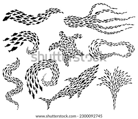 Fish school or shoal, vector silhouette set. Shoal of fishes isolated on white. Sea fishes group in ocean or marine water. Illustration of colony small fish