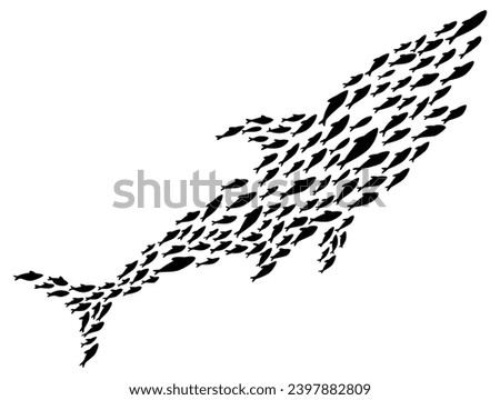 Fish school or shoal, vector silhouette. Shoal of fishes isolated on white. Sea fishes group in ocean or marine water. Illustration of colony small fish