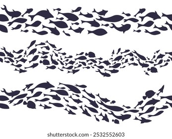 Fischschule Silhouette. Meereslebewesen Muster von Riffen Fische, Schar von Fischen Wellenlinie aquatische Dekor für Meeresfrüchte, Aquarium oder nautische Design. Nahtlose horizontale Teiler, Vektorgrafik-Set.