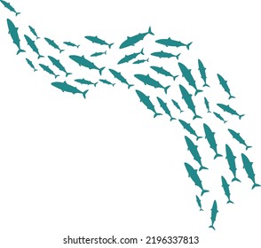 Fish schooling curve. Underwater life. Marine ecosystem isolated on white background