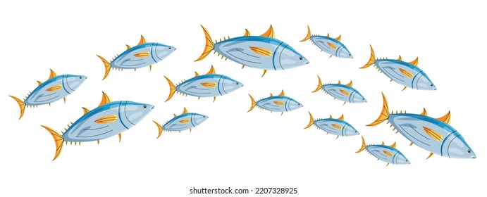 Fish scool swimming under water in cartoon style