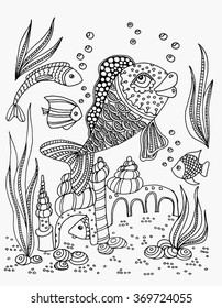 Fish in the sea among seaweed vector. Fish in the sea among algae image for use as a postcard  and a coloring book