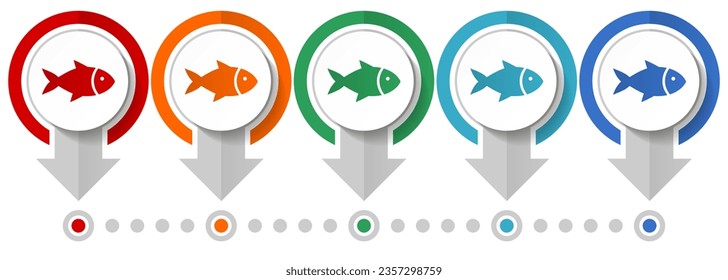 Pescado, mar, animal, mariscos, naturaleza, conjunto de iconos de vectores de alimentos, plantilla infográfica de diseño plano, establecer iconos de concepto de puntero en 5 opciones de color para diseño web y aplicaciones móviles