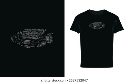 Fish sea animal sketch t-shirt design illustration, Boal Fish vector, Rup chada Fish Black And White Vector