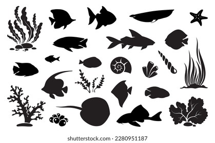 Fish and sea animals. Collection of sea and ocean life. Isolated black silhouette. Vector illustration